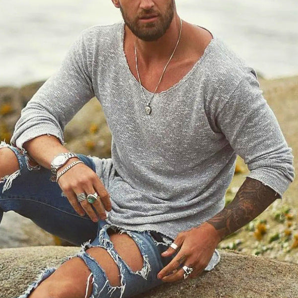 Men's Boho Loose Casual Long Sleeves Collar T-shirt