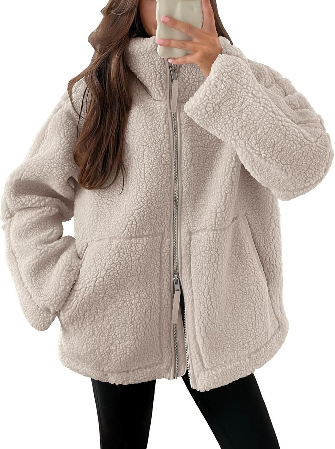 Casual Long Sleeve Oversized Warm Double Zipper Winter Teddy Jacket