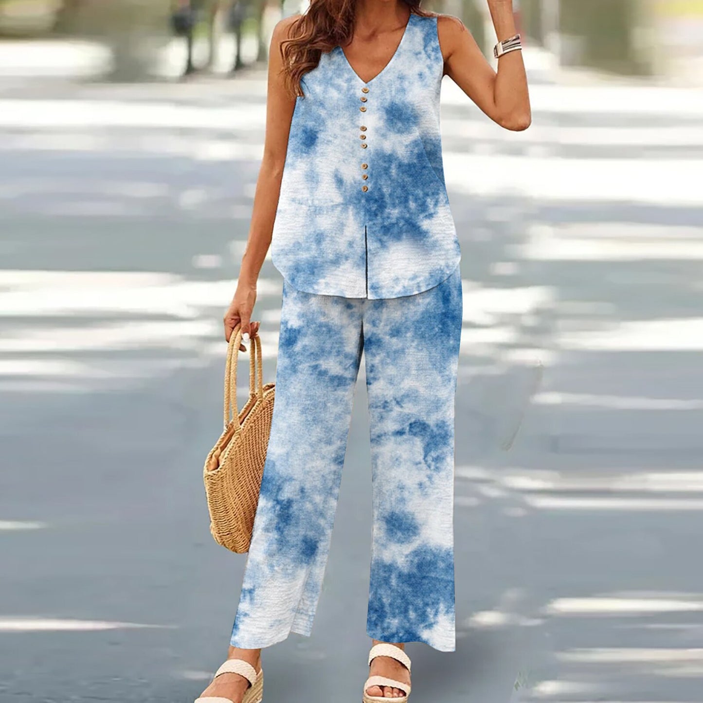 Women's Casual Solid Color Printing Vest Wide Leg Pants Suit