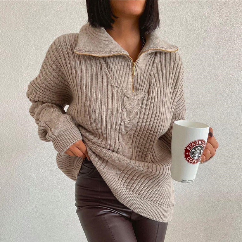 Autumn And Winter Solid Color Knitted Zip Pullover