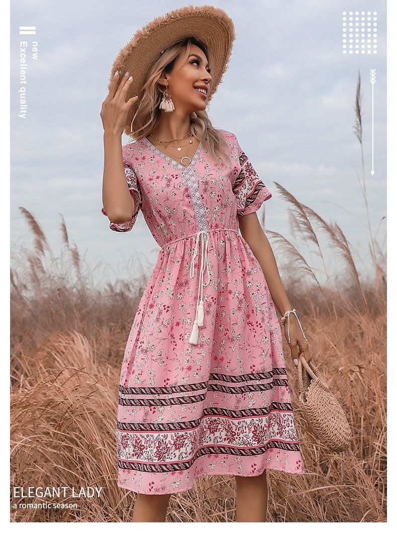 Women's Pink V-neck Printed Dress