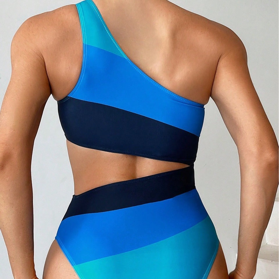 Women's Color Matching One-piece Swimsuit Oblique Shoulder High Fork