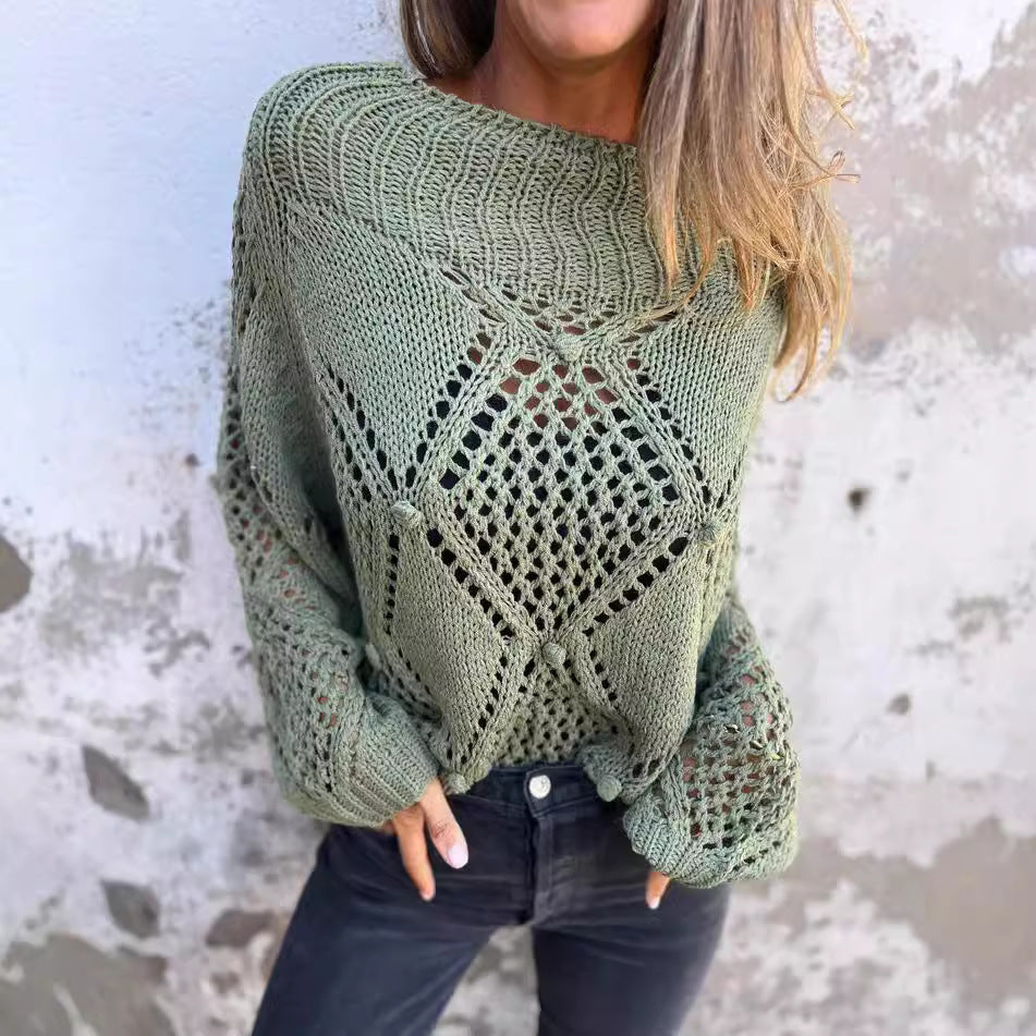 European And American Leisure Loose Hollow Out Sweater Round Neck Knitted Top