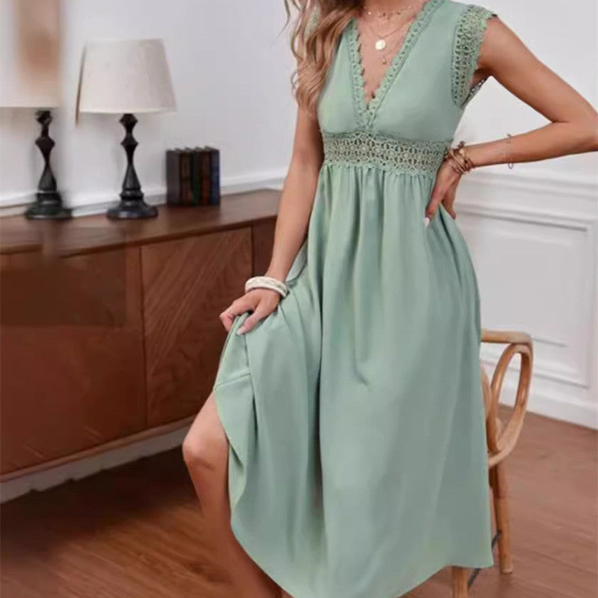 Women's Solid Color And V-neck Lace Lace Hollow-out Stitching Dress