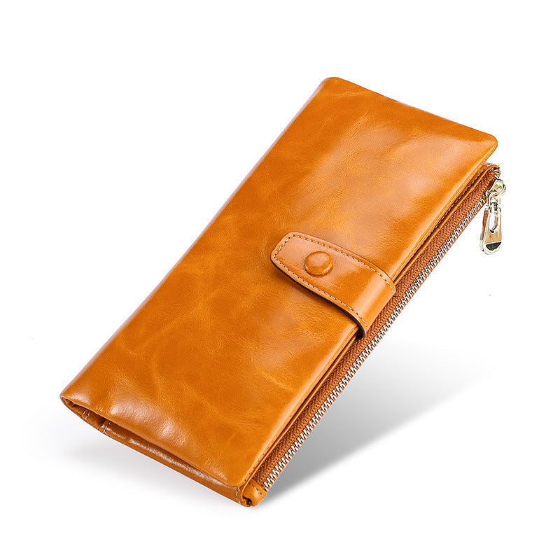 Women's Real Leather Long Multiple Card Slots Hand-held Retro Oil Wax Skin Coin Purse