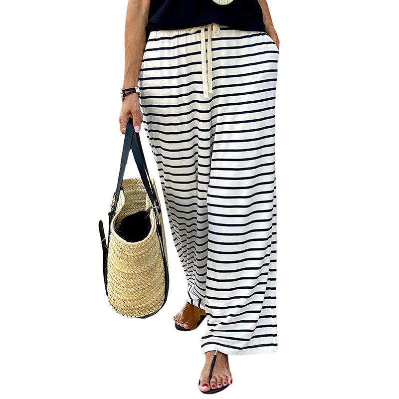 High Waist Striped Printed Casual All-matching Wide Leg Straight-leg Pants Women