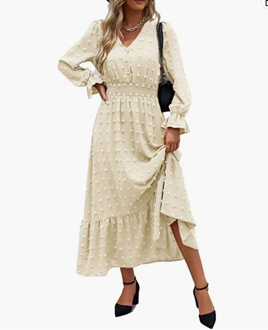 Women's Solid Textured Long sleeved boho style dress