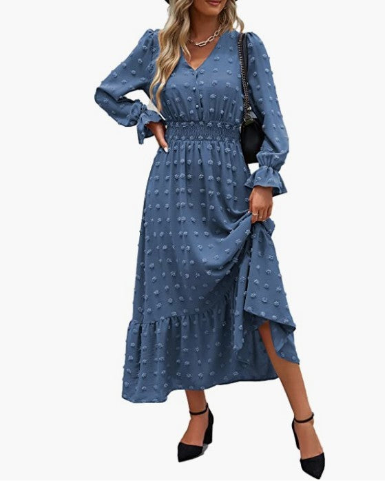 Women's Solid Textured Long sleeved boho style dress