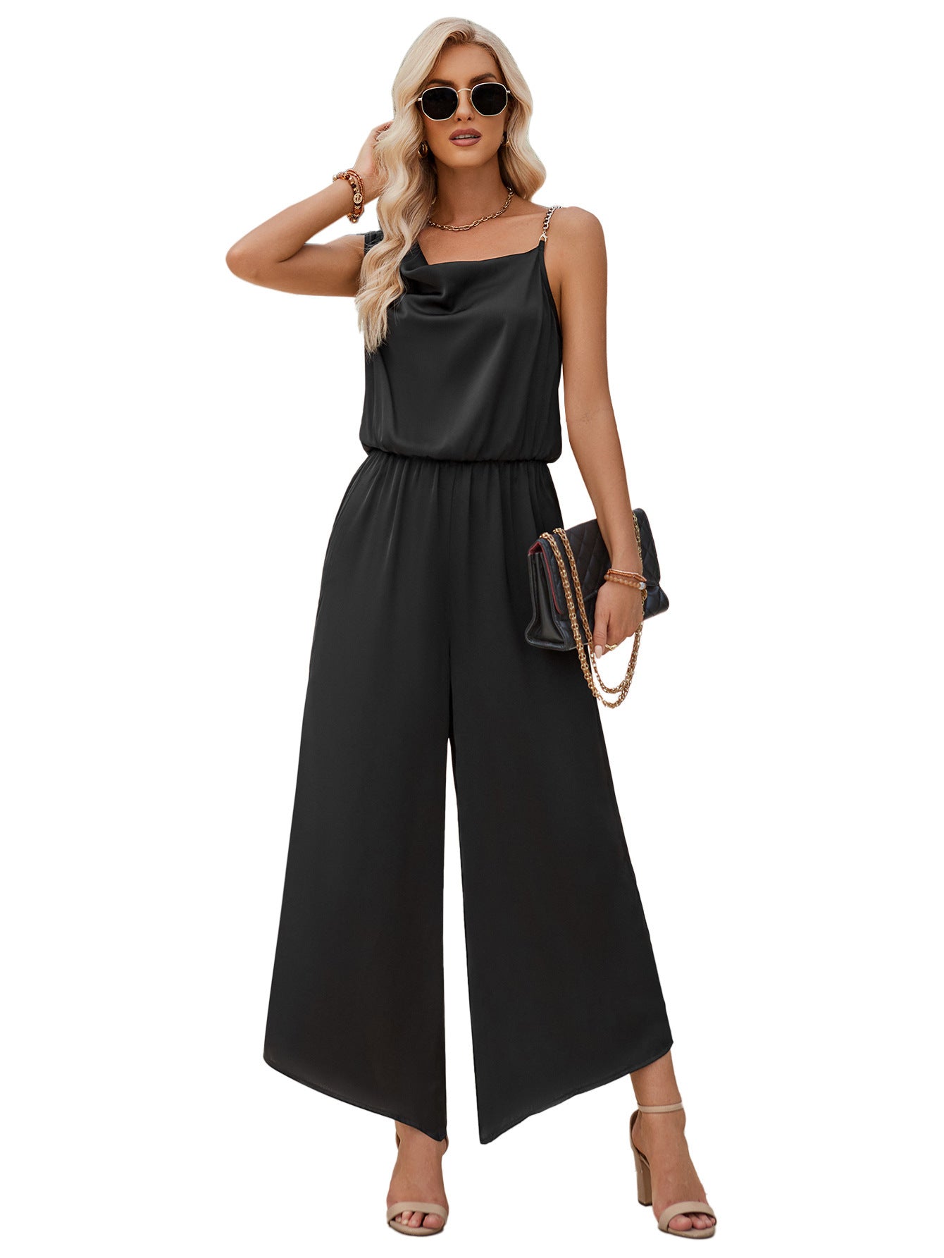 Fashion Casual Solid Color Suspender Waist Wide Leg Jumpsuit