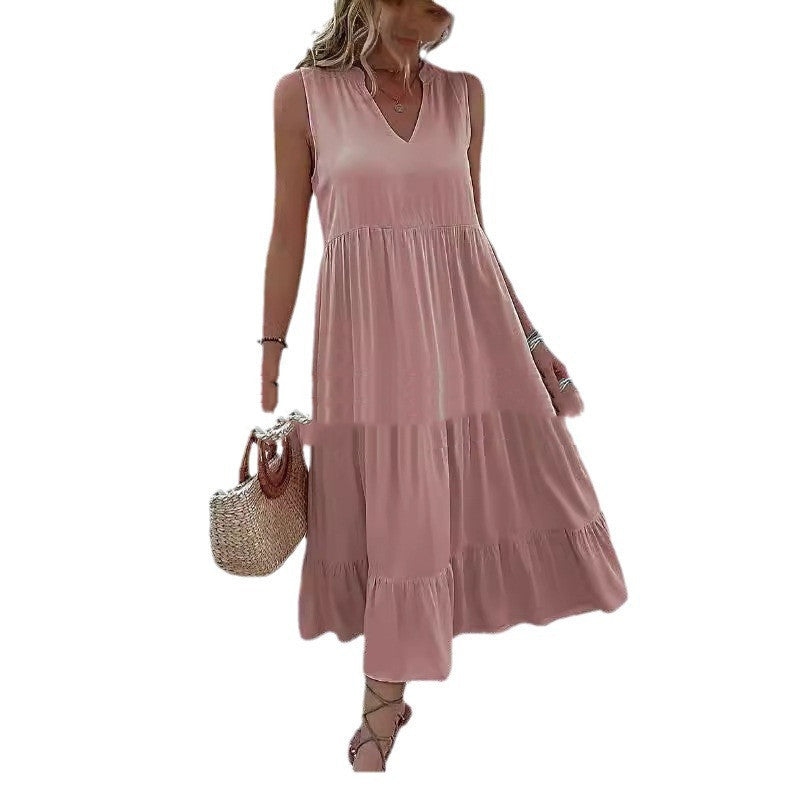 Loose Waist Sleeveless V-neck Swing Solid Color Length Dress