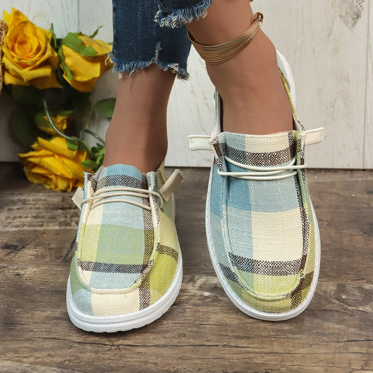 New Plaid Canvas Comfortable Flat