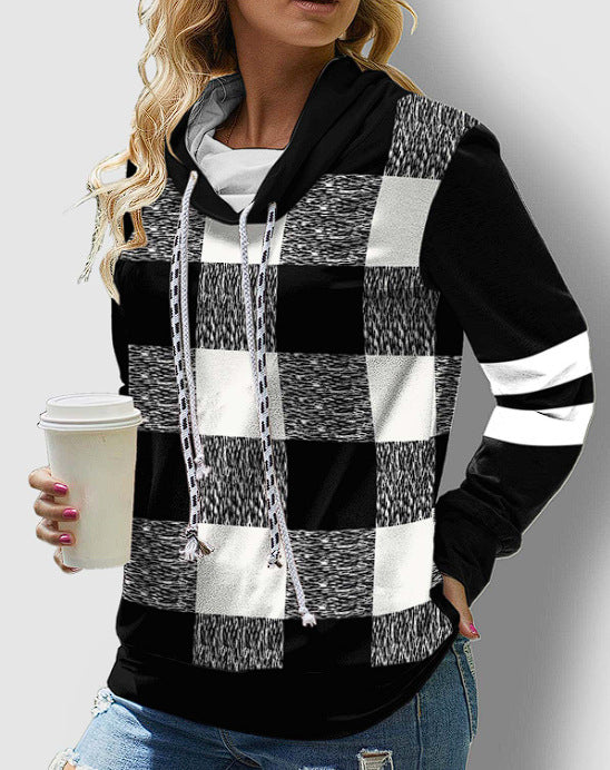 New Women's Pile Collar Hooded Printed Top