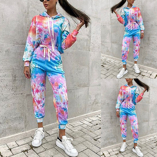 Tie-Dye Printed Hooded Casual Home Wear Suit