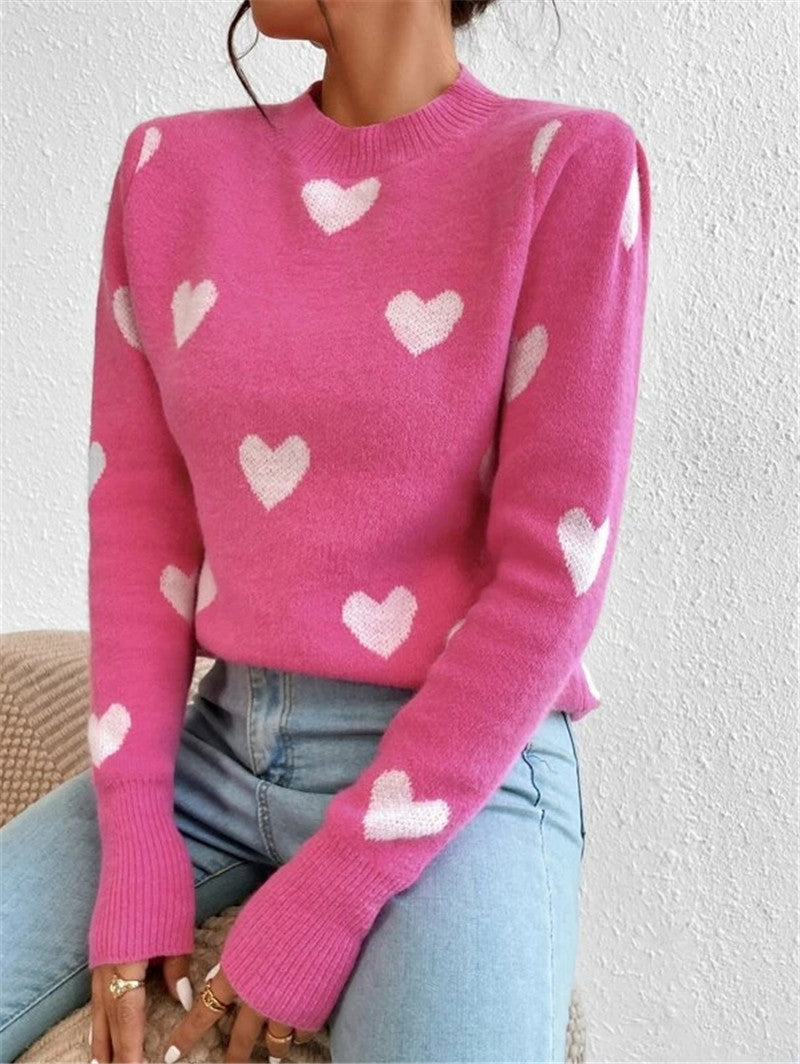 Heart-shaped Pattern Loose Round Neck Knitted Pullover Sweater