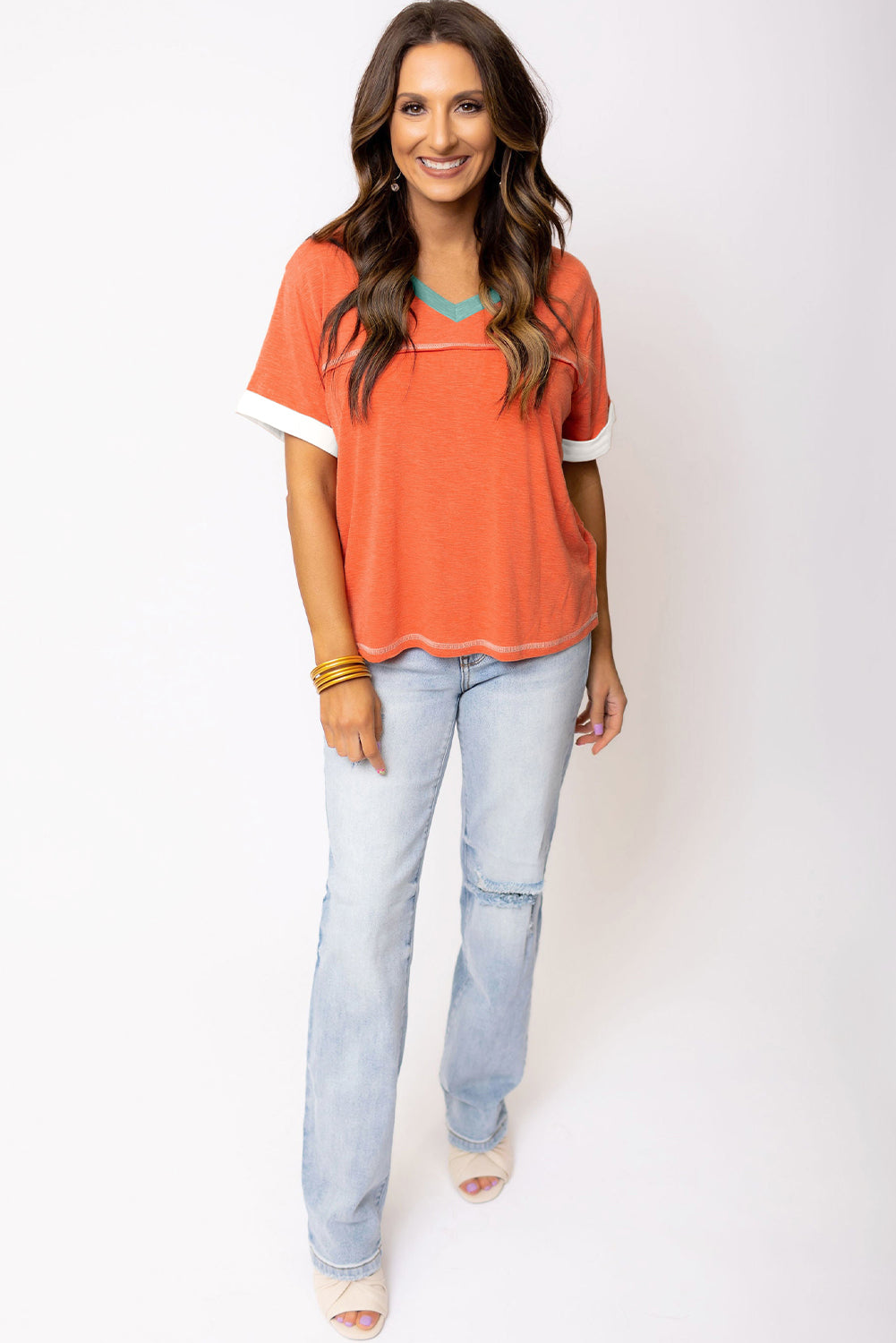 Grapefruit Orange Contrast Trim Exposed Seam V Neck T-shirt