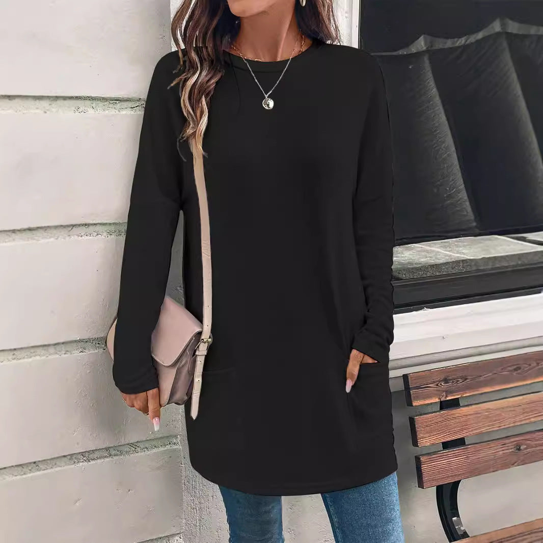 Women's Solid Color Long Sleeve Loose Round Neck Pocket Top T-shirt