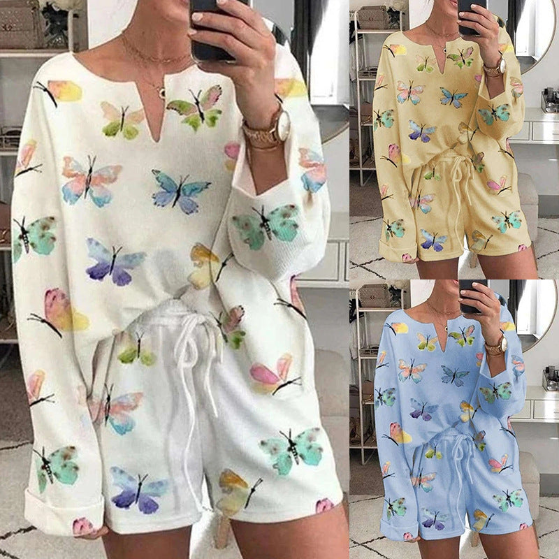 Women Butterfly Printed Shorts Pajamas Set