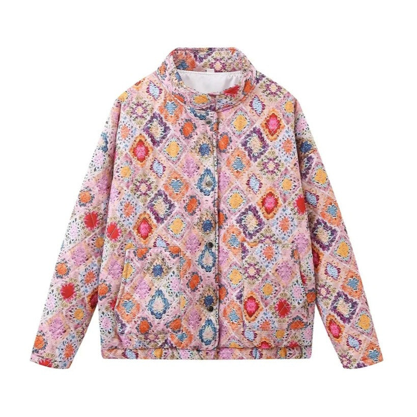 Women's Round Neck Pattern Print Cotton-padded Jacket