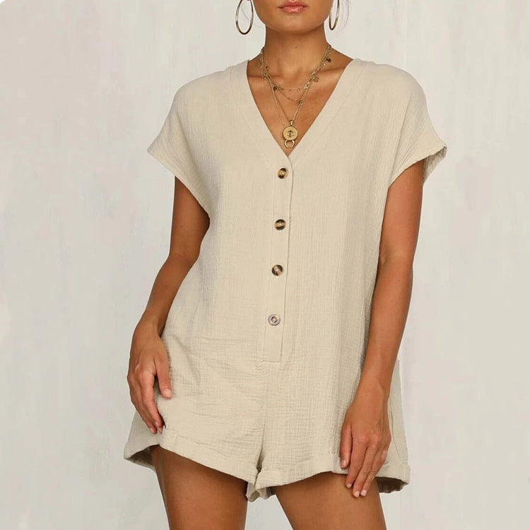 European And American Fashion Button V-neck Loose Short Sleeve One-piece