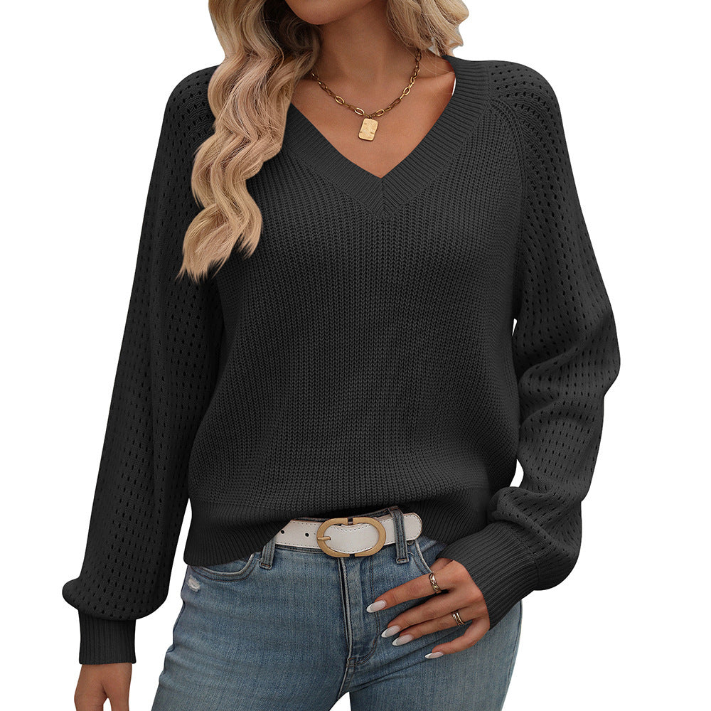 Women's Hollow Out V-neck Long Sleeve Fashion Sweater