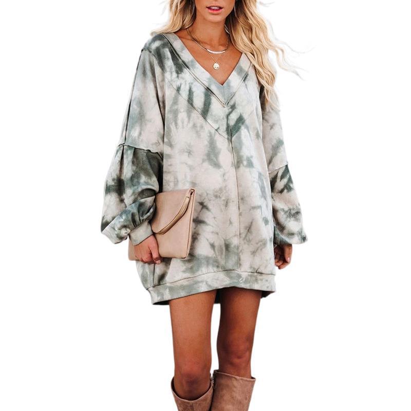 Tie-Dye Printed Long-Sleeved V-Neck Loose Casual Home Sweater