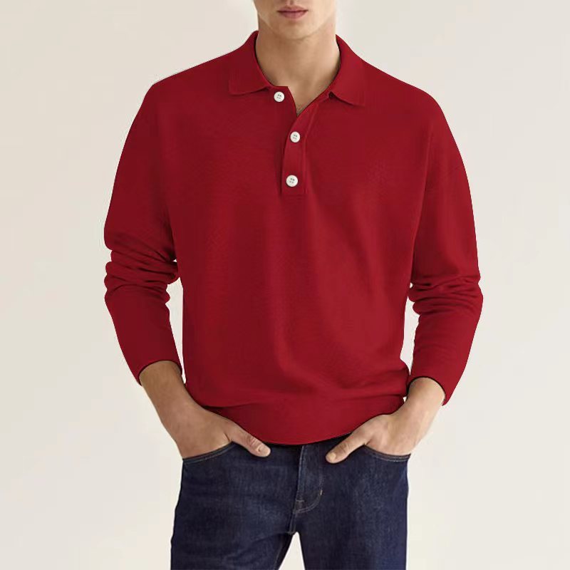 Spring Long Sleeve V-neck Button Men's Casual Top Polo Shirt