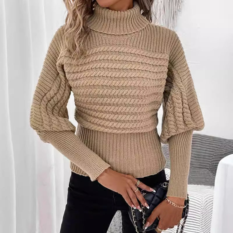 Pullover High Neck Long Sleeves Knitwear Twist Thread Solid Color Sweater