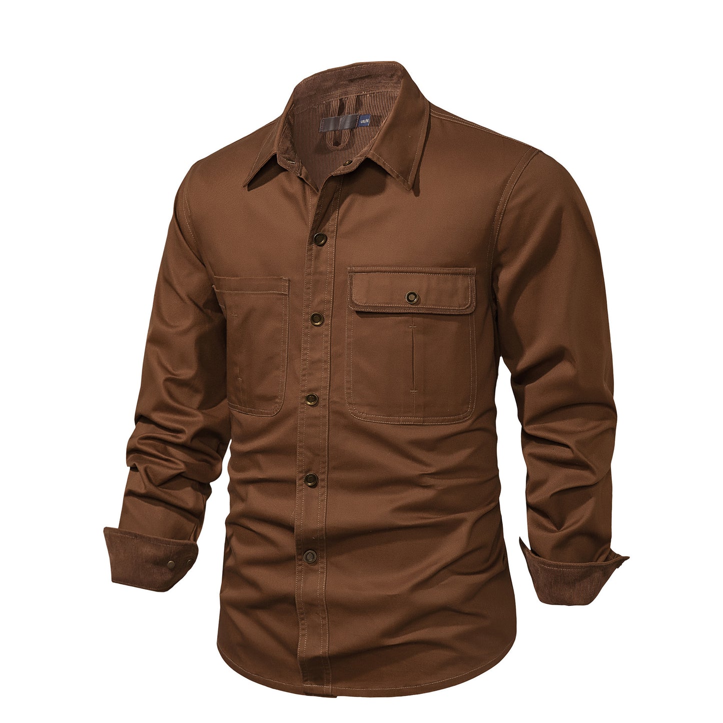 Men's Workwear Washed Cotton Shirt Solid Color Lapel Long Sleeve