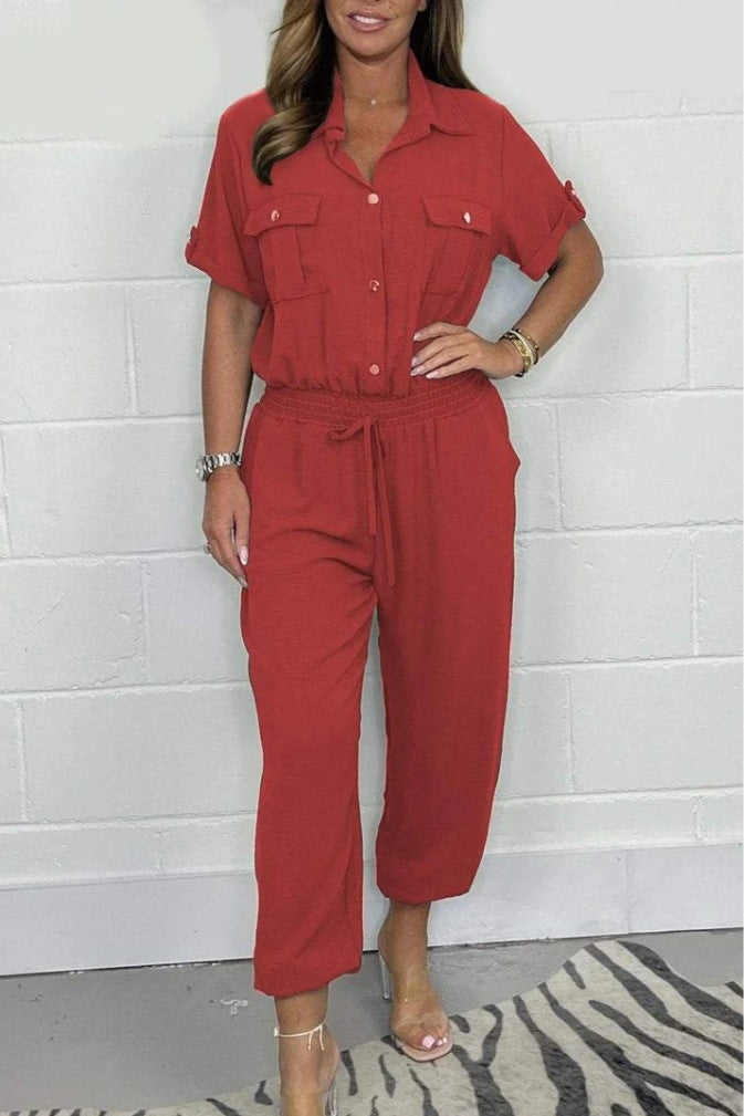 All-matching Solid Color Casual Polo Collar Shirt Wide Leg Jumpsuit For Women