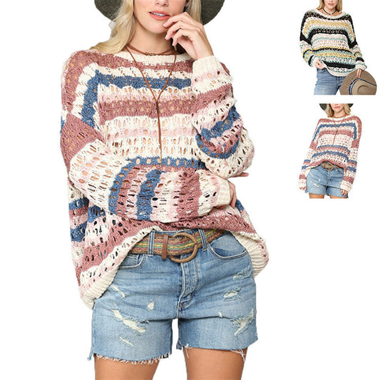 Hollow Knitted Sweater Color Stripe Stitching Round Neck Sweater Women
