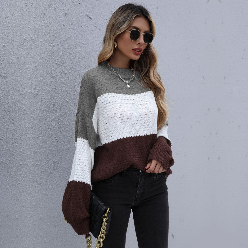 Loose Color Matching Knitwear Round Neck Lazy Young Pullover Sweater