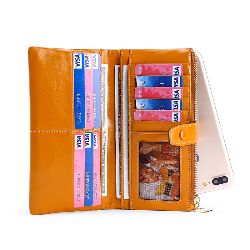 Women's Real Leather Long Multiple Card Slots Hand-held Retro Oil Wax Skin Coin Purse