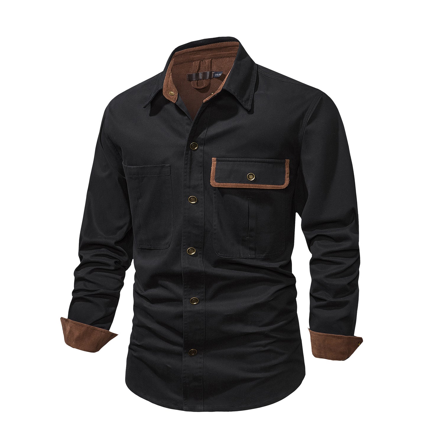 Men's Workwear Washed Cotton Shirt Solid Color Lapel Long Sleeve