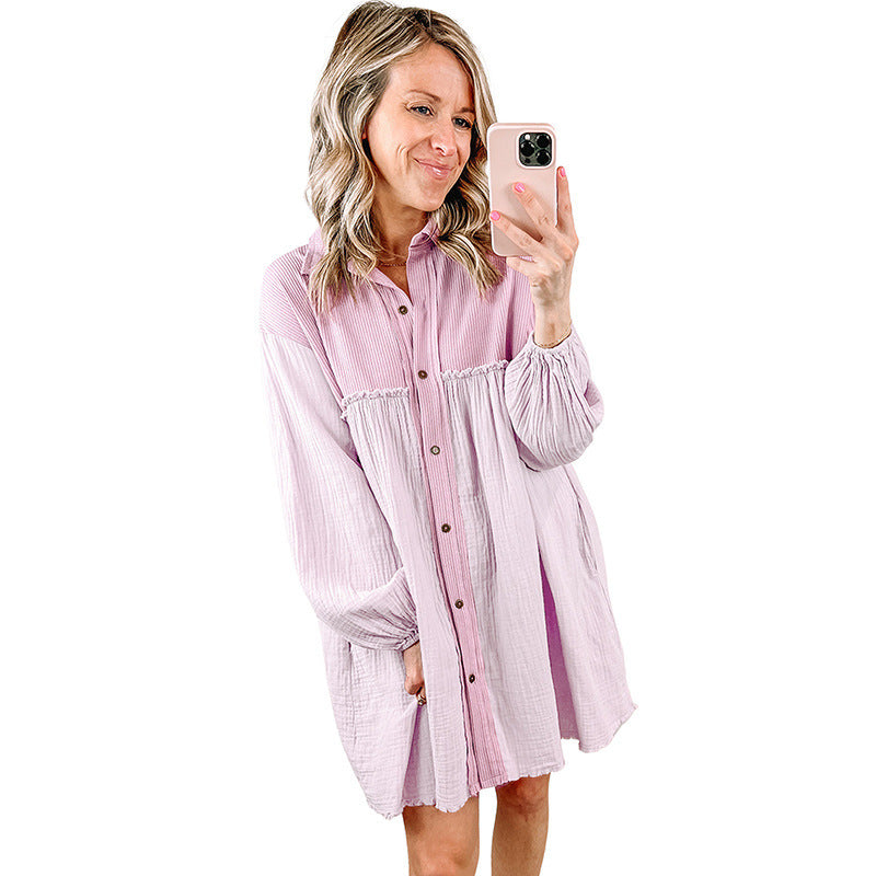 Thin Patchwork Pleated Long Sleeve Shirt Dress