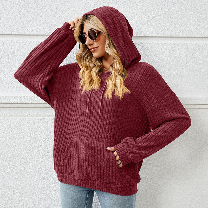 Knitted Sweater With Hooded Pit Stripe Kangaroo Pocket Sweater