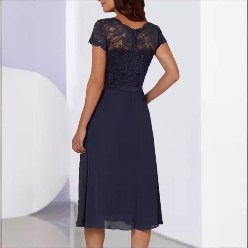 Round Neck Solid Color Short Sleeve Elegant Lace Chiffon Dress
