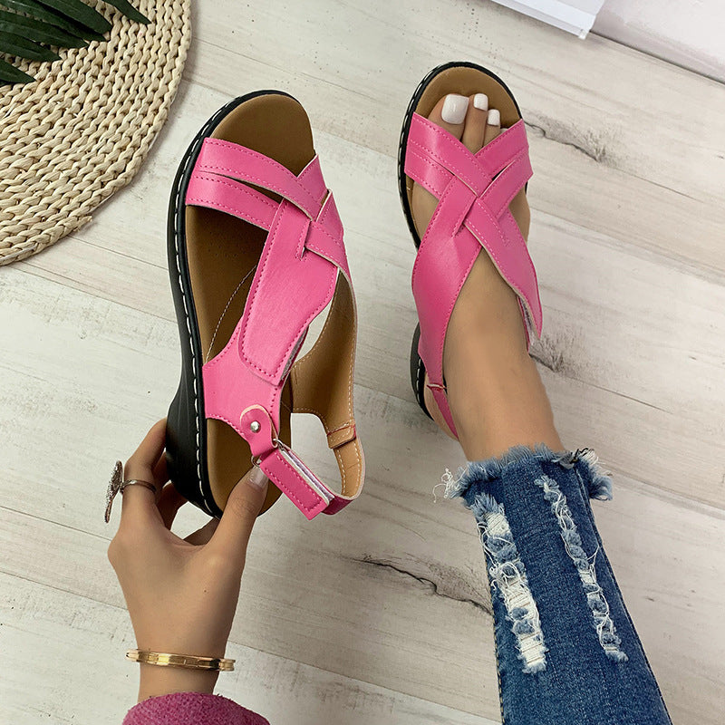 Ethnic Style Flower Frint Sandals Women Low Heel Velcro Beach Shoes Summer