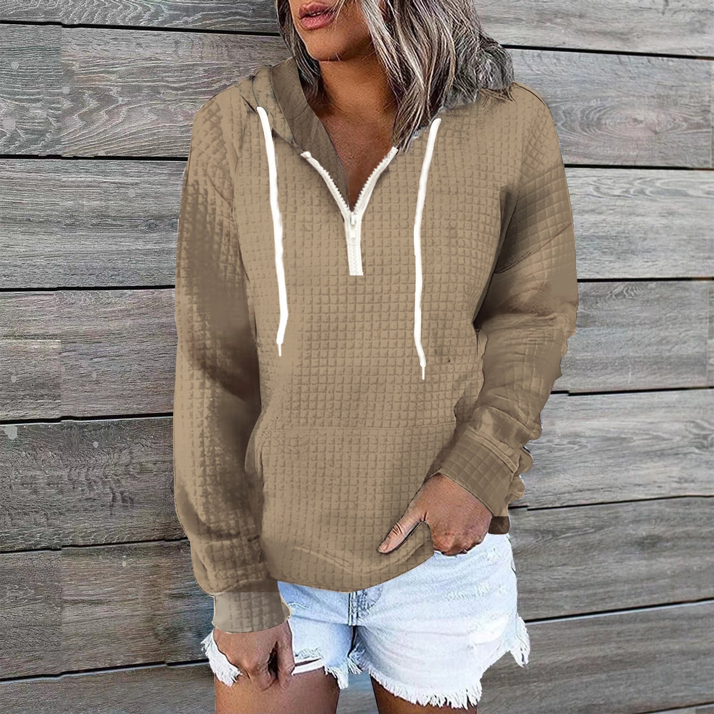 Women's Waffle Hoodie Sweater Coat