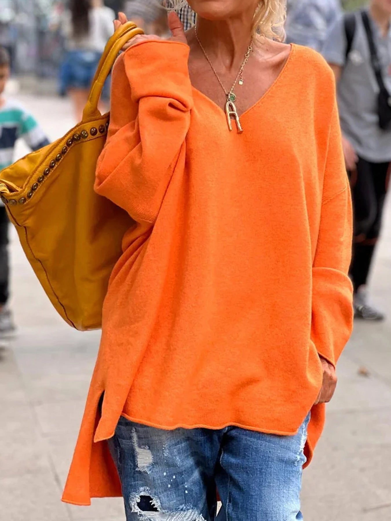 Solid Color And V-neck Long Sleeve Loose Casual Top