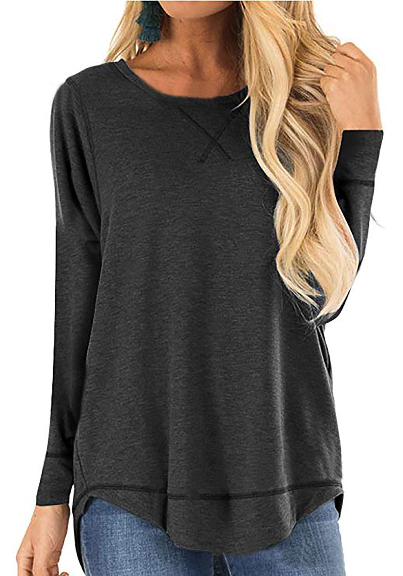 Women's Round Neck Long Sleeve Loose Top Short Front