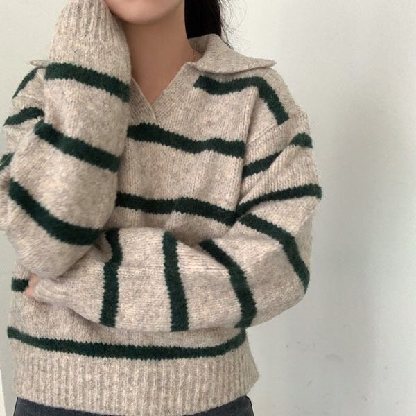 Fall And Winter Lapels Contrast Color Striped Pullover Sweater Long Sleeve Loose Casual Knitted Top For Women