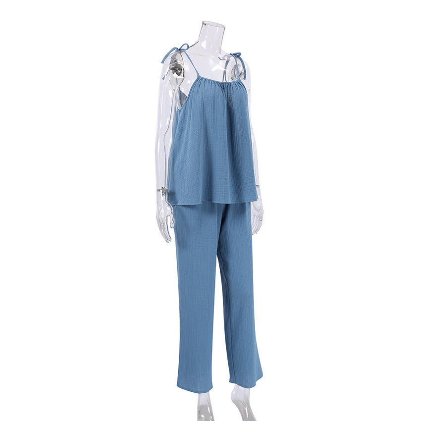 Suspender Pajamas Two-piece Set Double-layer Gauze Trousers Loose Outer Wear Ladies' Homewear