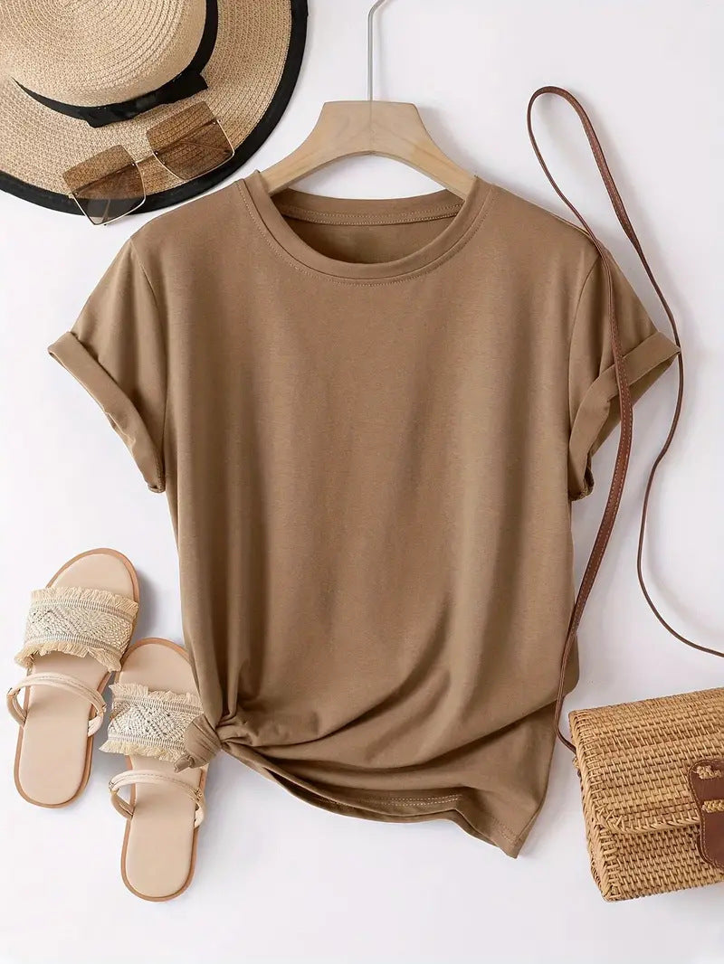 Solid Color Spring And Summer Round Neck Women's T-shirt