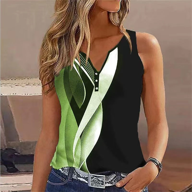 European And American V-neck Abstract Printing Sleeveless Vest Top