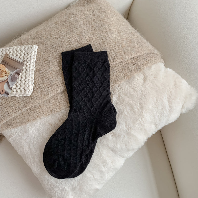 Women's Medium Cashmere Plain Checked Reverse Knitting Socks