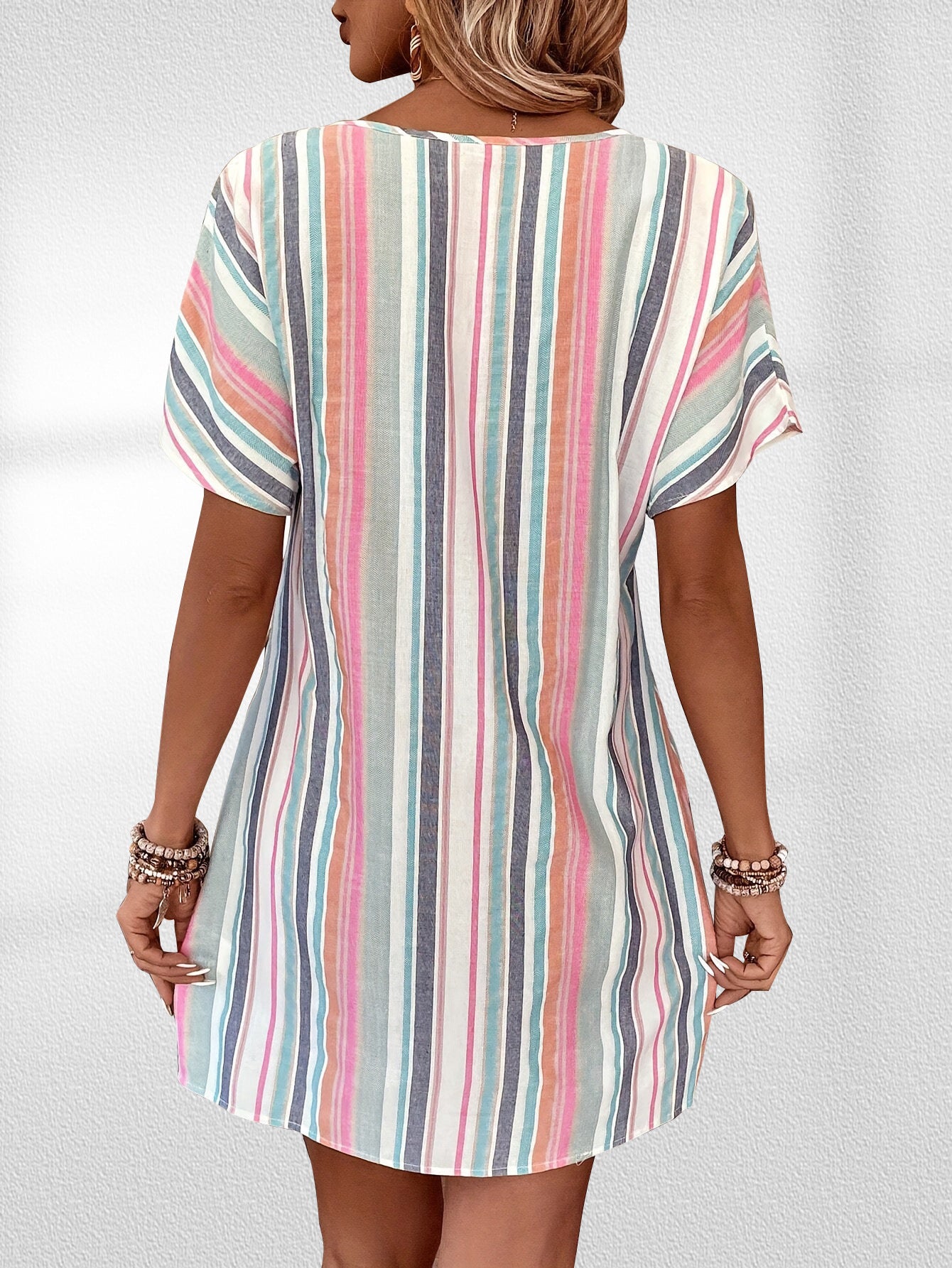 Fashion Color Striped V-neck Casual Short Sleeve Dress