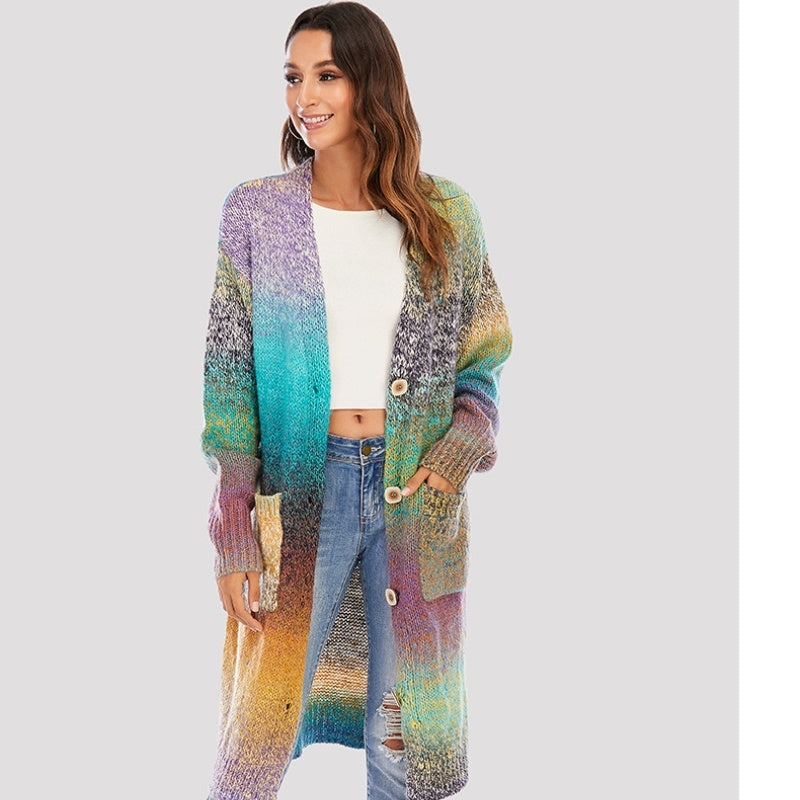 Knitted Sweater Loose Rainbow Long Coat Wool Cardigan