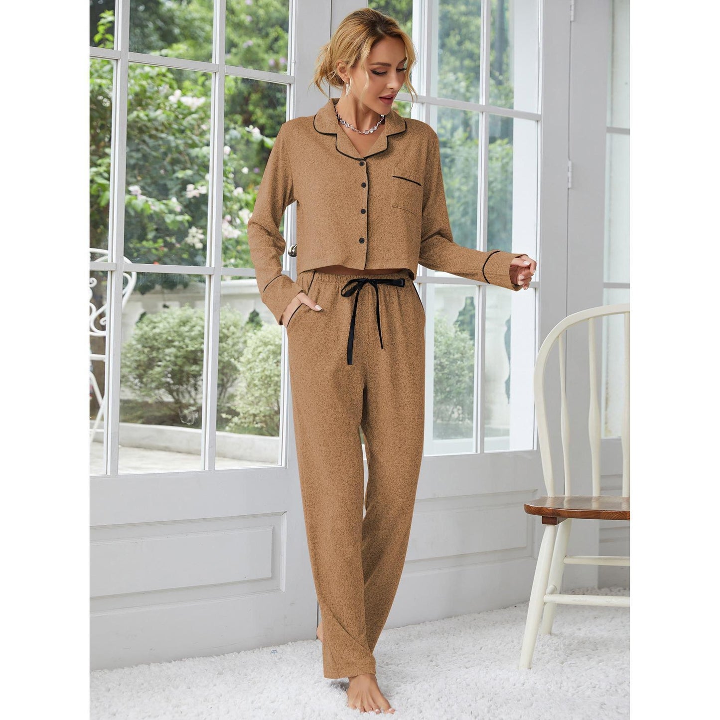 Women's Thickened Long-sleeved Cardigan Trousers Two-piece Set