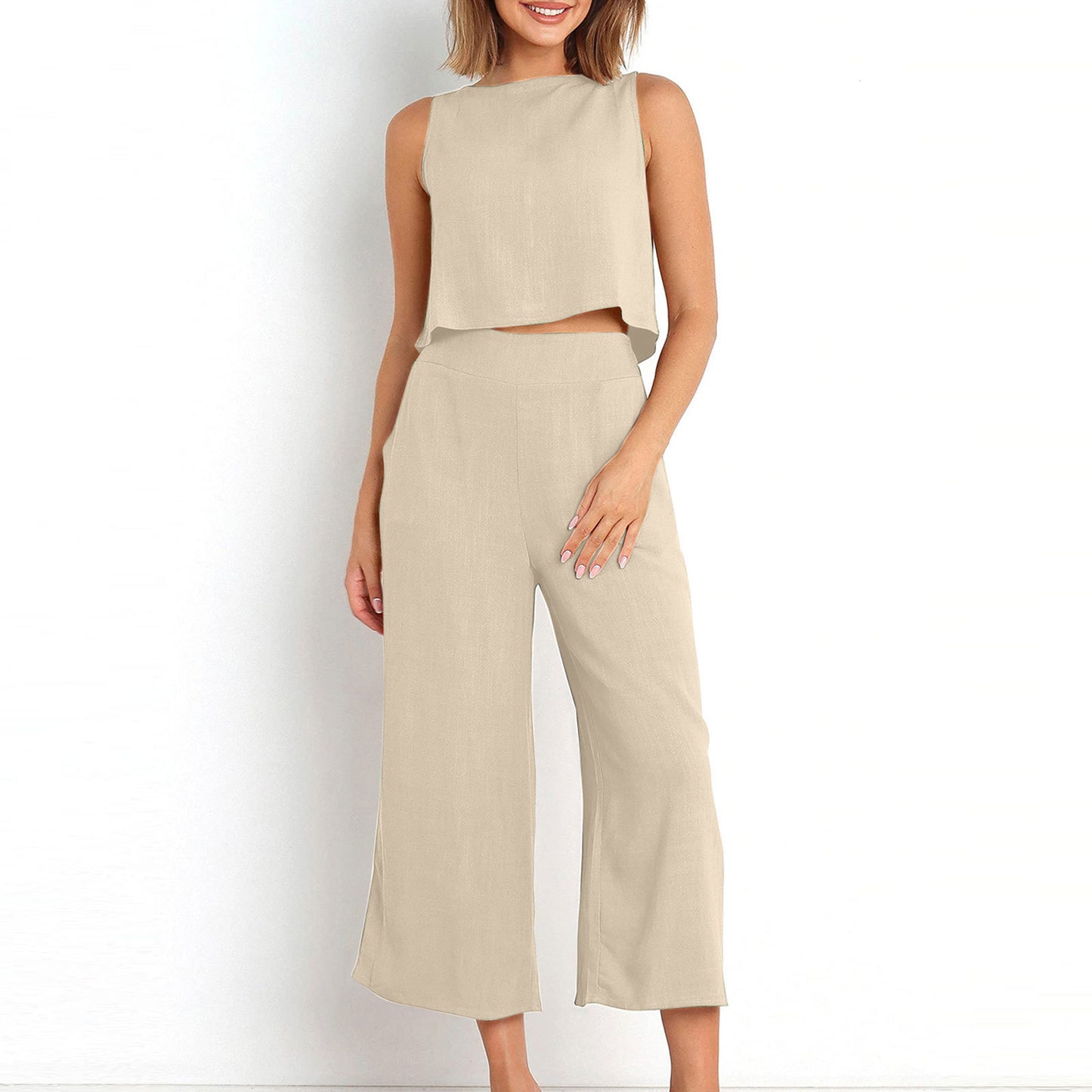 Sleeveless Vest Cropped Wide-leg Pants Suit