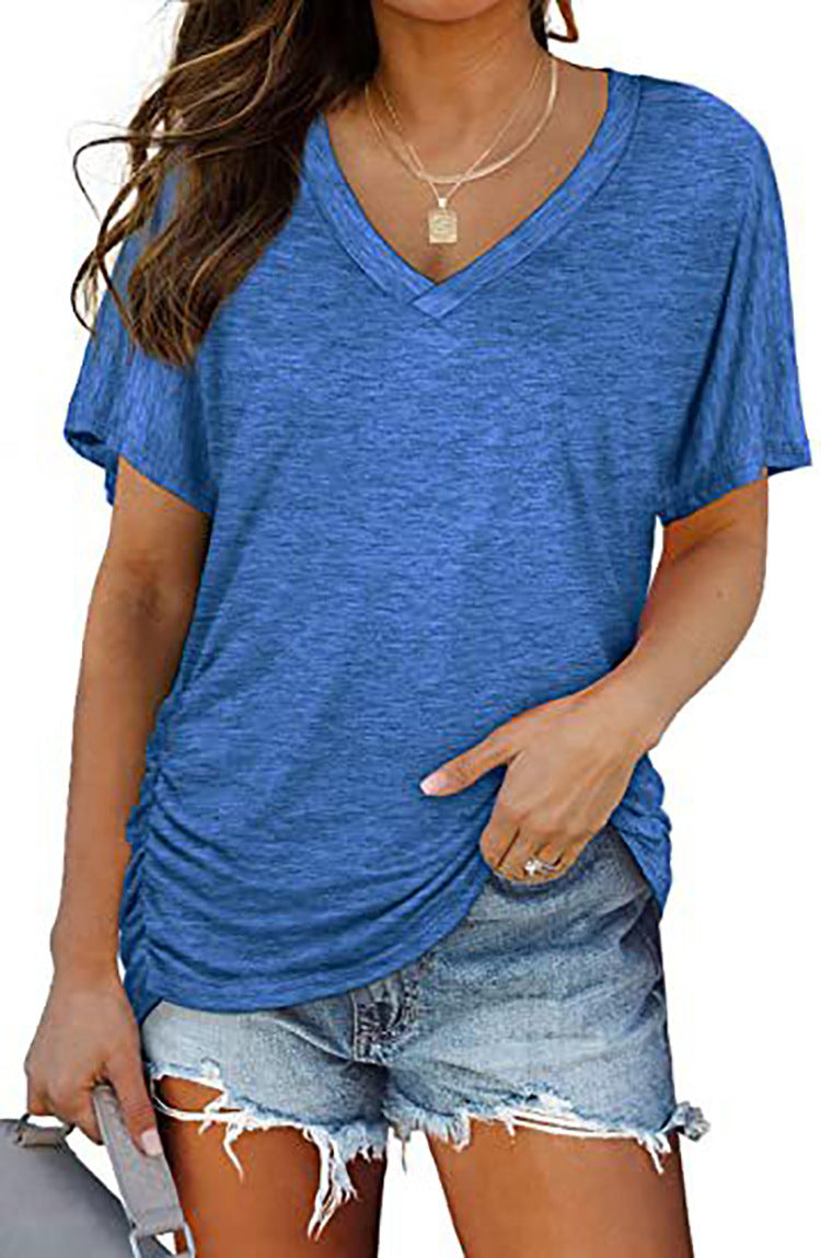 European And American T-shirt Solid Color Casual Loose-fitting V-neck Top